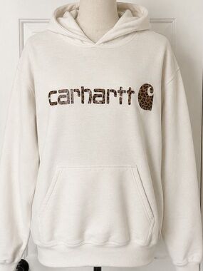 Carhartt Label Women’s Cream Crewneck Hoodie with Leopard Logo Cheetah print